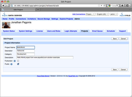 Aqua Data Server - Project Administration - Edit Project