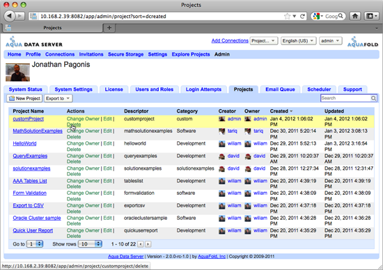 Aqua Data Server - Project Administration - Delete Project