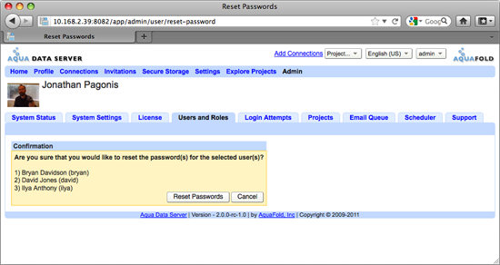 Aqua Data Server - System Users - Reset Passwords Confirmation