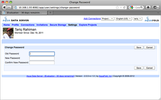 Aqua Data Server - User Home - Settings - Change Password Form