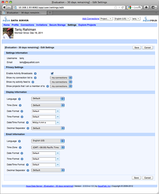 Aqua Data Server - User Home - Settings - Edit