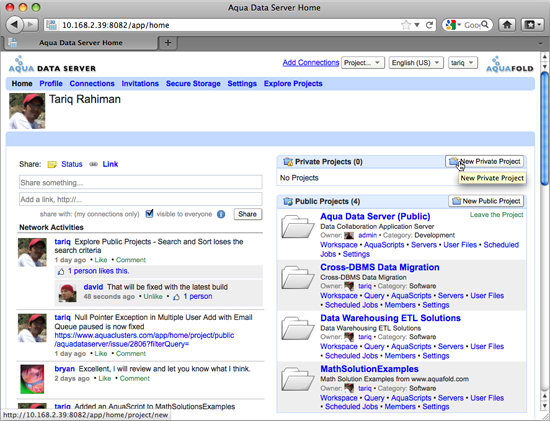 Aqua Data Server - User Home - New Project