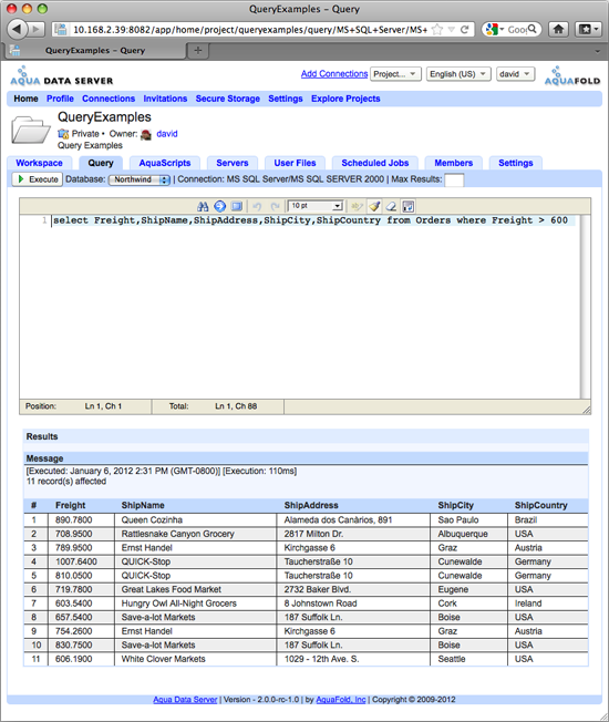 Aqua Data Server - Query - Execution Results