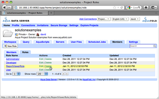 Aqua Data Server - Project - Role Management - Delete Role