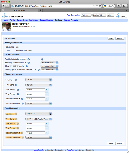 Aqua Data Server - User - Profile - Email Locale Settings