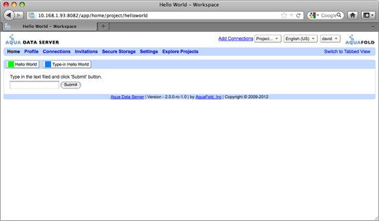 Aqua Data Server - Helloworld Project - Workspace