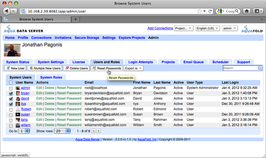 Aqua Data Server - System Users - Reset Passwords