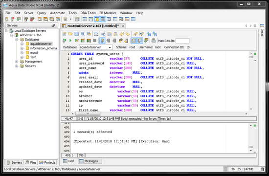 Aqua Data Server - Database Schema Creation