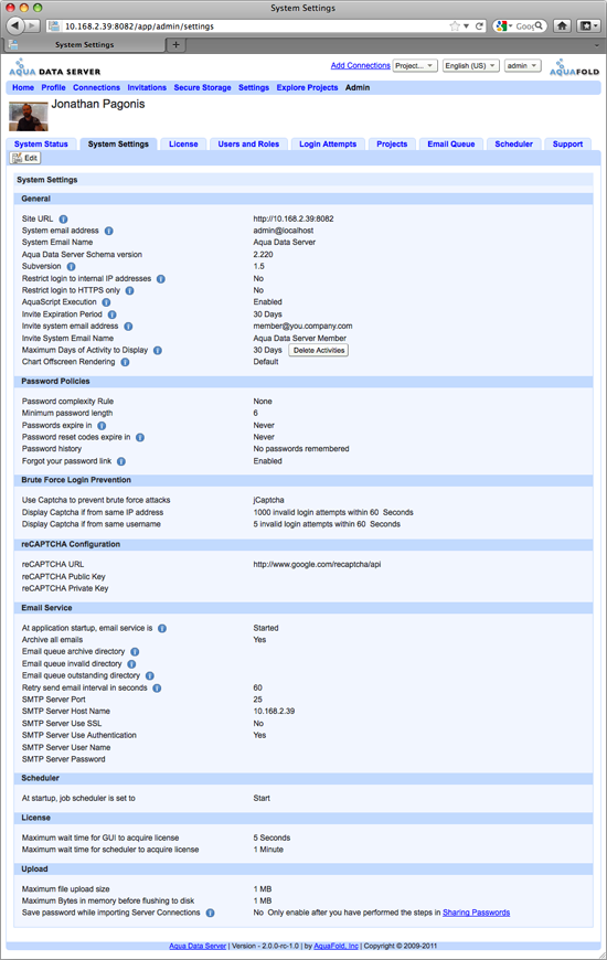 Aqua Data Server - System Settings