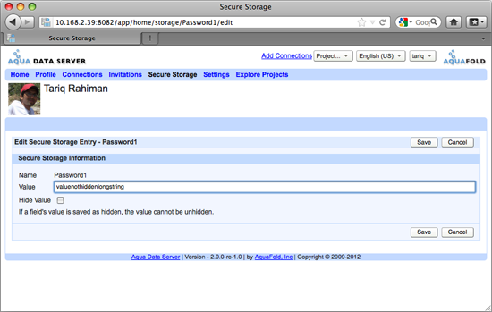 Aqua Data Server - User - Secure Storage - Edit