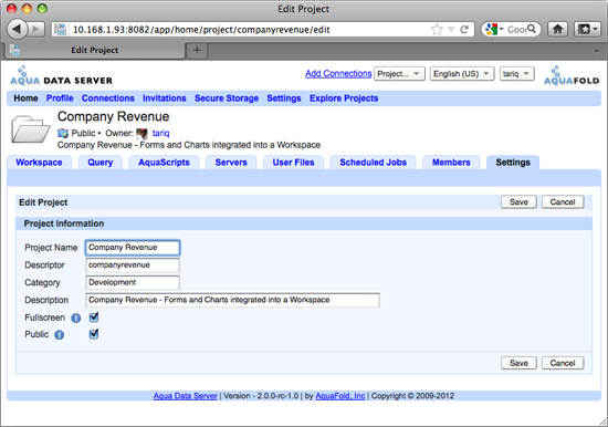 Aqua Data Server - Project - Settings - Edit Settings