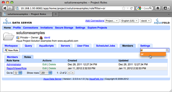 Aqua Data Server - Project - Role Management - Search Roles