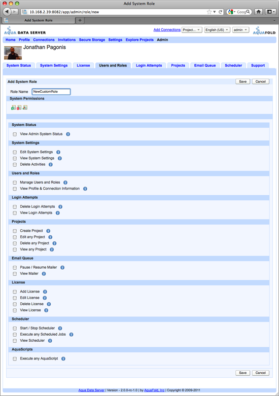 Aqua Data Server - System Users - New System Role