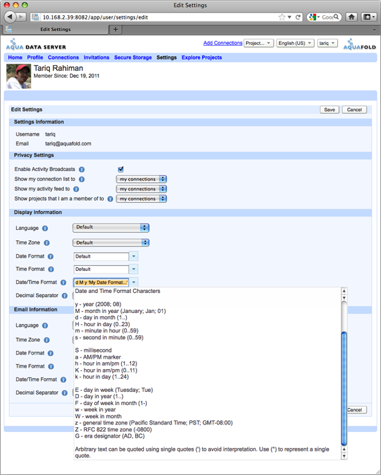 Aqua Data Server - User Profile - My Date Custom Formatting