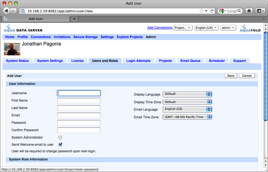 Aqua Data Server - New User - Locale Setting