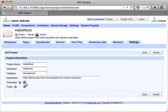Aqua Data Server - Project - Edit Settings - Fullscreen