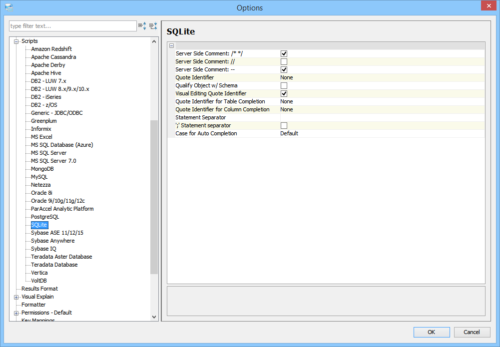 Scripts Options - SQLite